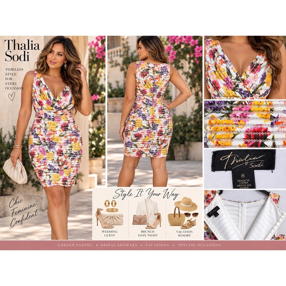 Thalia Sodi Womens Floral Eyelet Lace Sheath Dress V-Neck Multi-Color Size 8